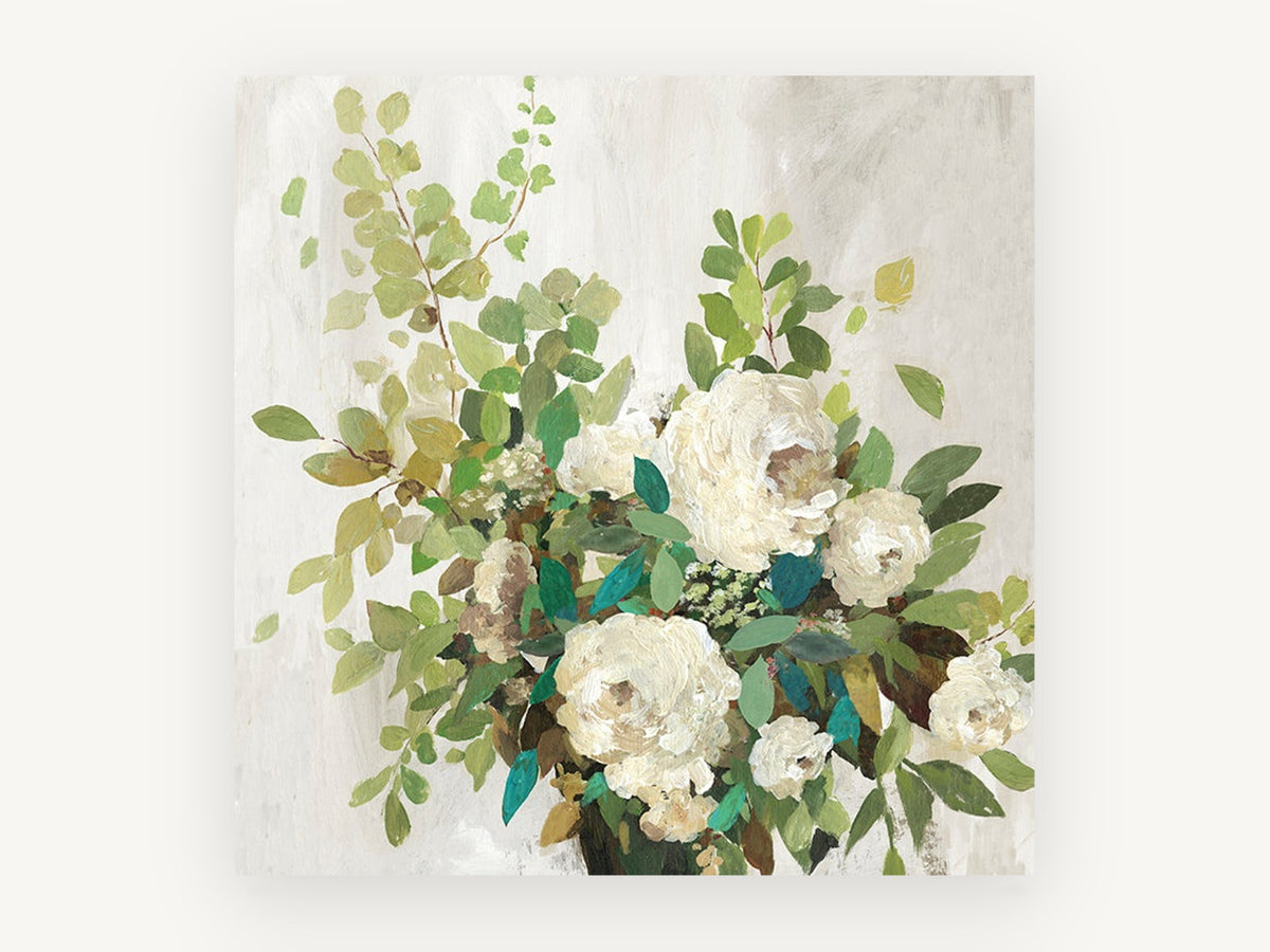 Cream Roses Teal Foliage, floral canvas wall art print, front view