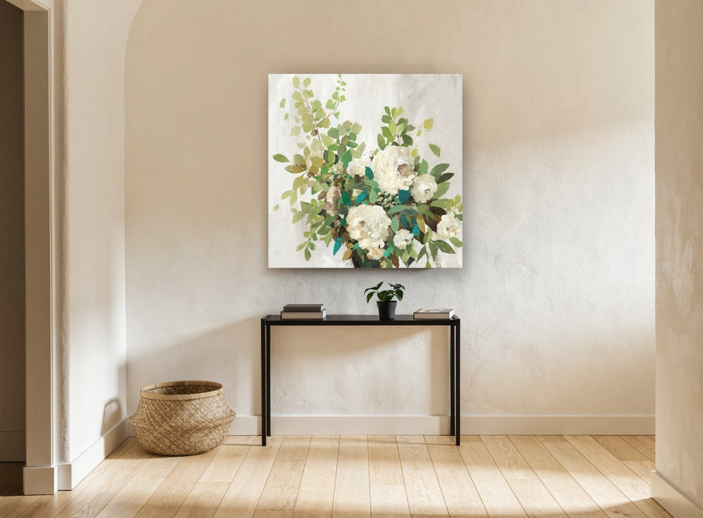 Cream Roses Teal Foliage floral canvas print on the wall of a hallway