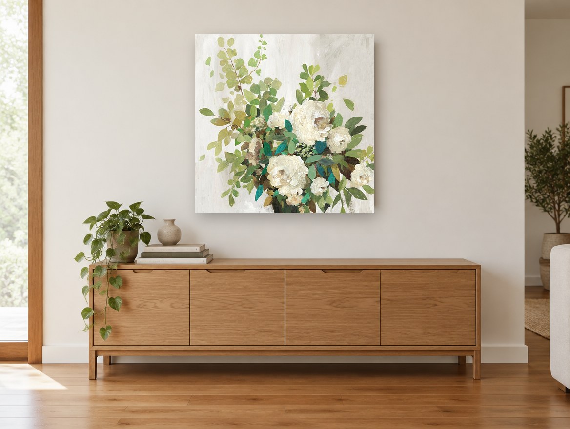 Cream Roses Teal Foliage floral canvas print on the wall of a living room above a sideboard