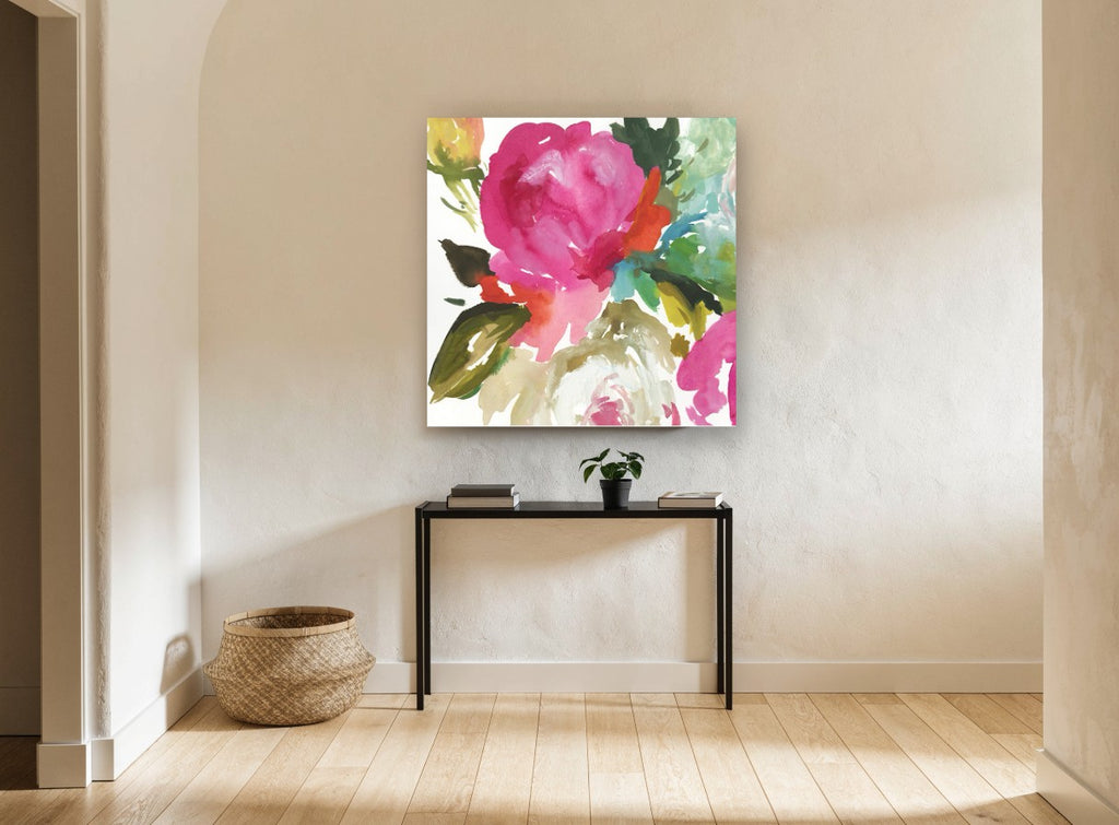 Magenta Bloom Wash floral canvas print on the wall of a hallway