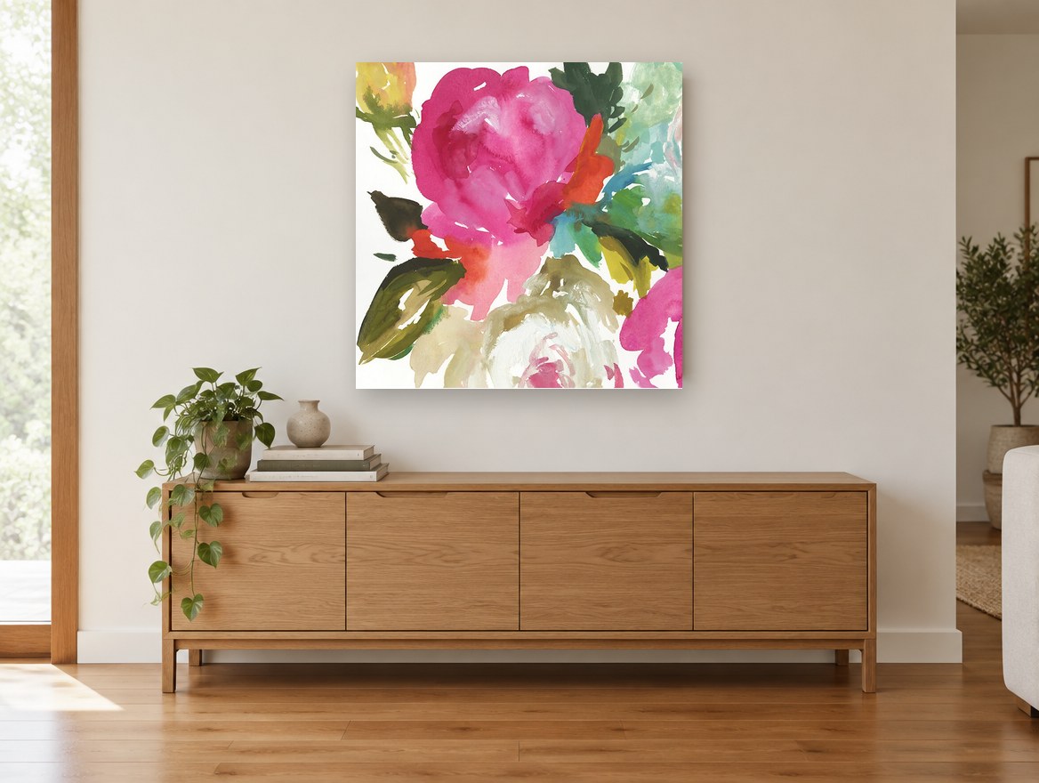 Magenta Bloom Wash floral canvas print on the wall of a living room above a sideboard