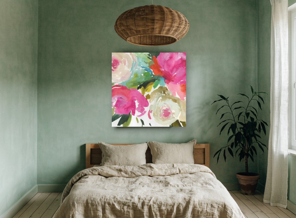 Bright Peony Bouquet floral canvas print on the wall of a bedroom