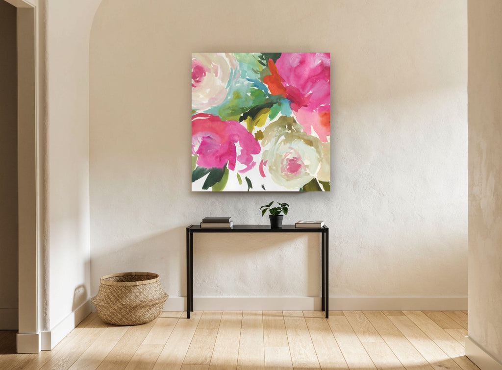 Bright Peony Bouquet floral canvas print on the wall of a hallway