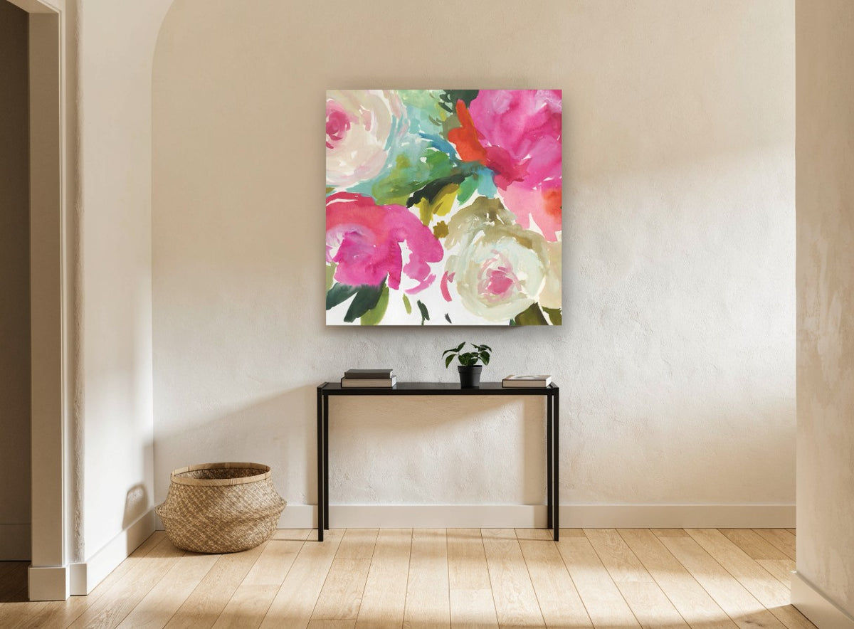 Bright Peony Bouquet floral canvas print on the wall of a hallway
