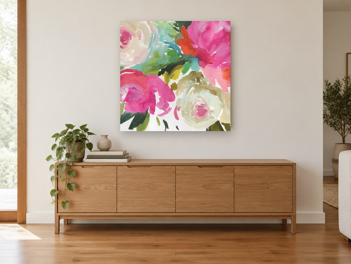 Bright Peony Bouquet floral canvas print on the wall of a living room above a sideboard