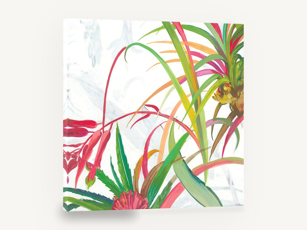 Tropical Fronds Bloom, colourful tropical leaves painting, floral canvas wall art print ready to hang
