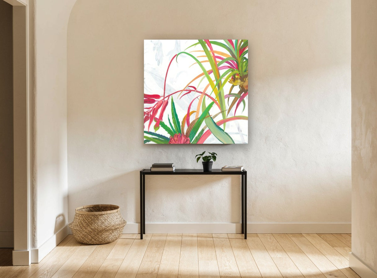 Tropical Fronds Bloom floral canvas print on the wall of a hallway
