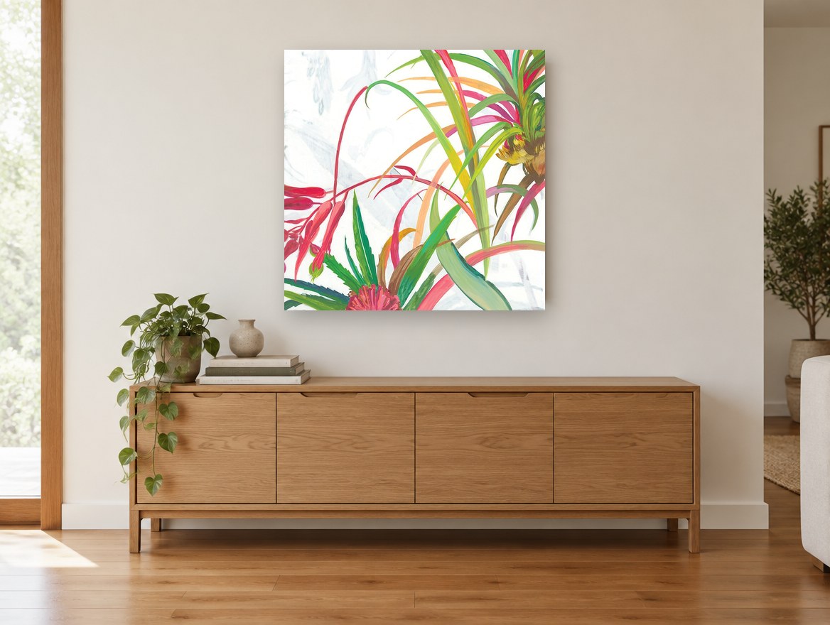 Tropical Fronds Bloom floral canvas print on the wall of a living room above a sideboard
