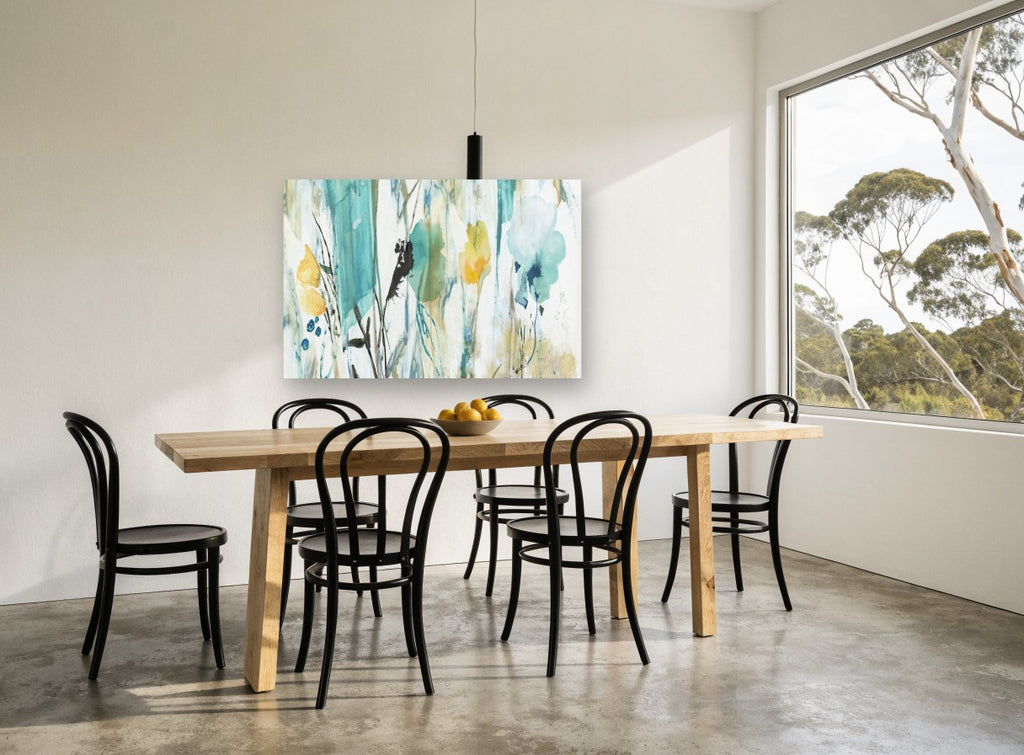 Teal Meadow Wash floral canvas print on the wall of a dining room