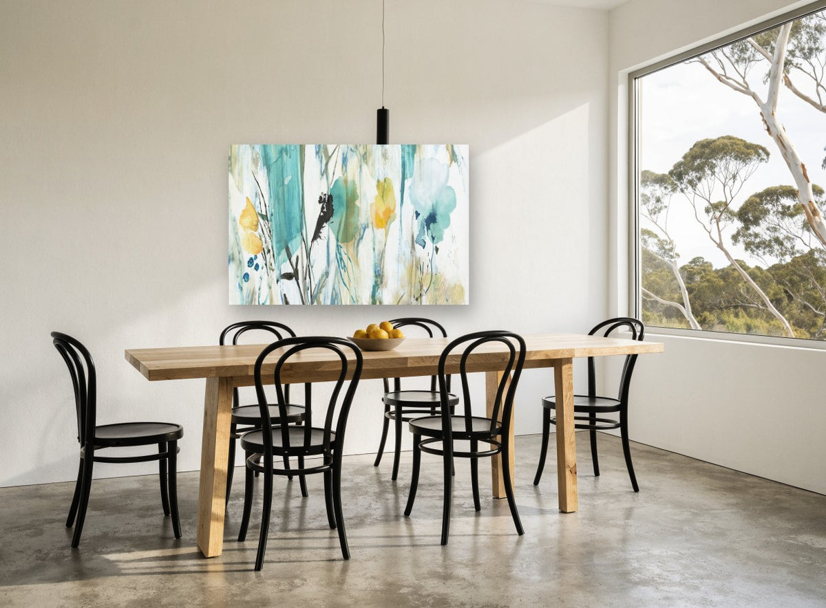 Teal Meadow Wash floral canvas print on the wall of a dining room