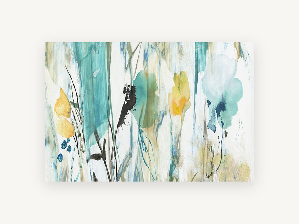 Teal Meadow Wash, floral canvas wall art print, front view