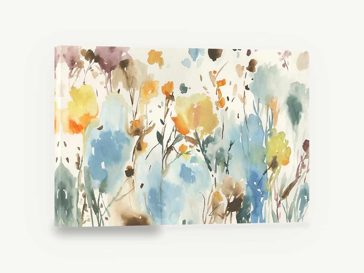 Loose Meadow Wash, yellow and blue watercolour wildflowers, floral canvas wall art print ready to hang