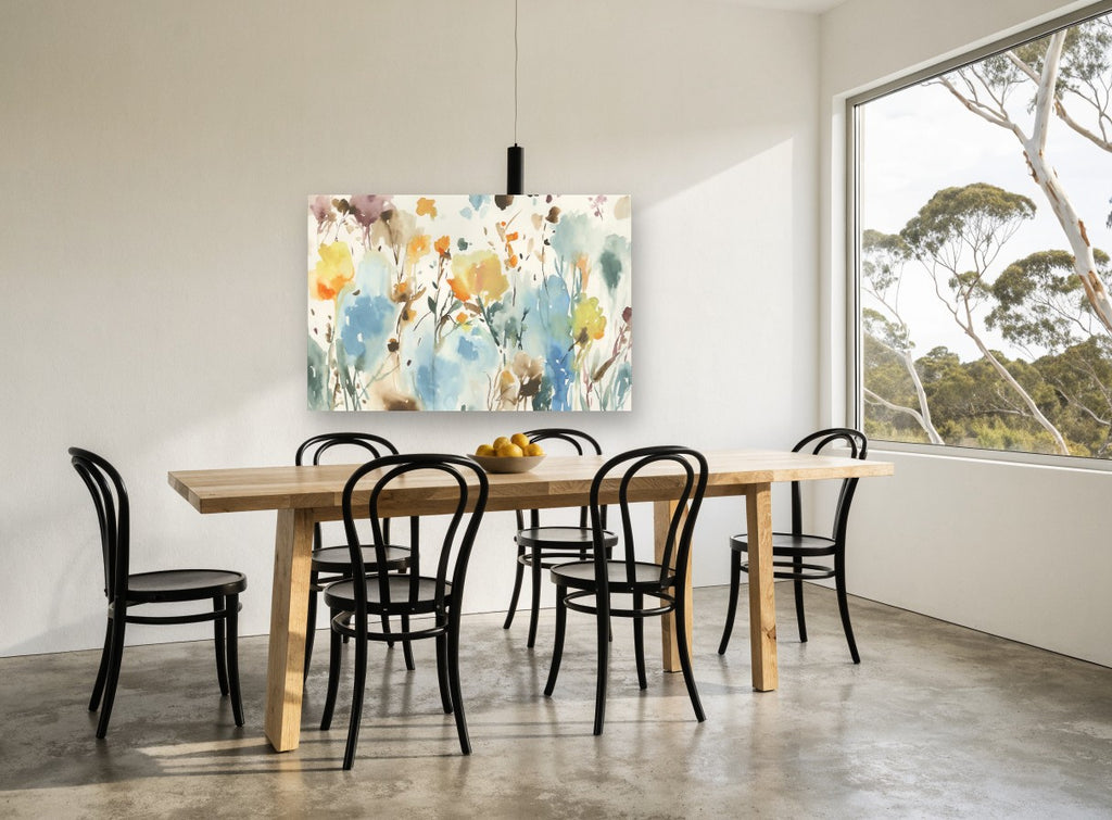 Loose Meadow Wash floral canvas print on the wall of a dining room