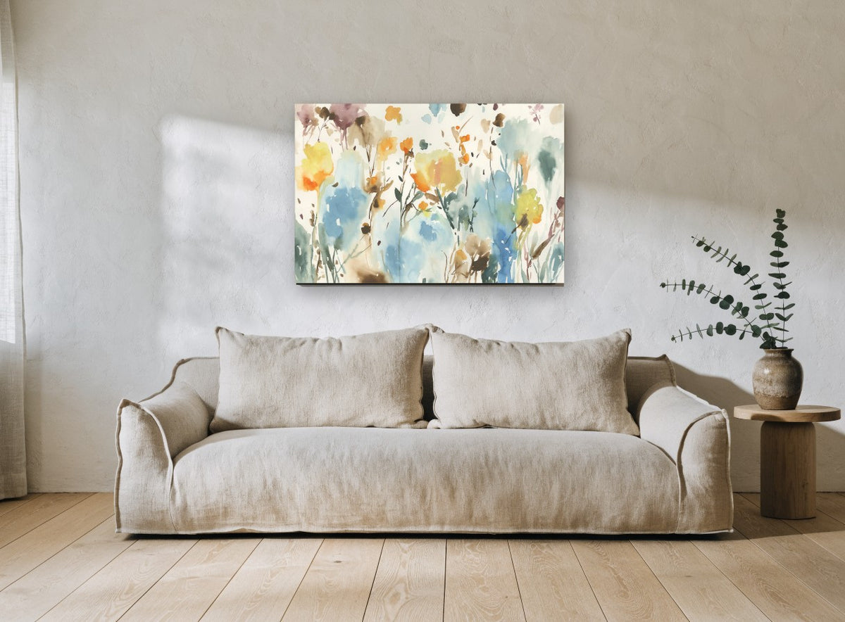 Loose Meadow Wash floral canvas print on the wall of a living room