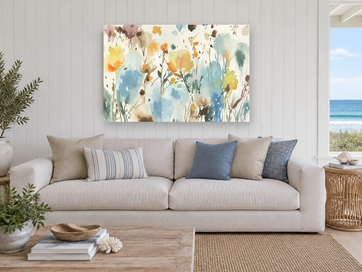 Loose Meadow Wash floral canvas print on the wall of a beach house living room