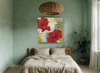 Scarlet Poppies on Blue floral canvas print on the wall of a bedroom