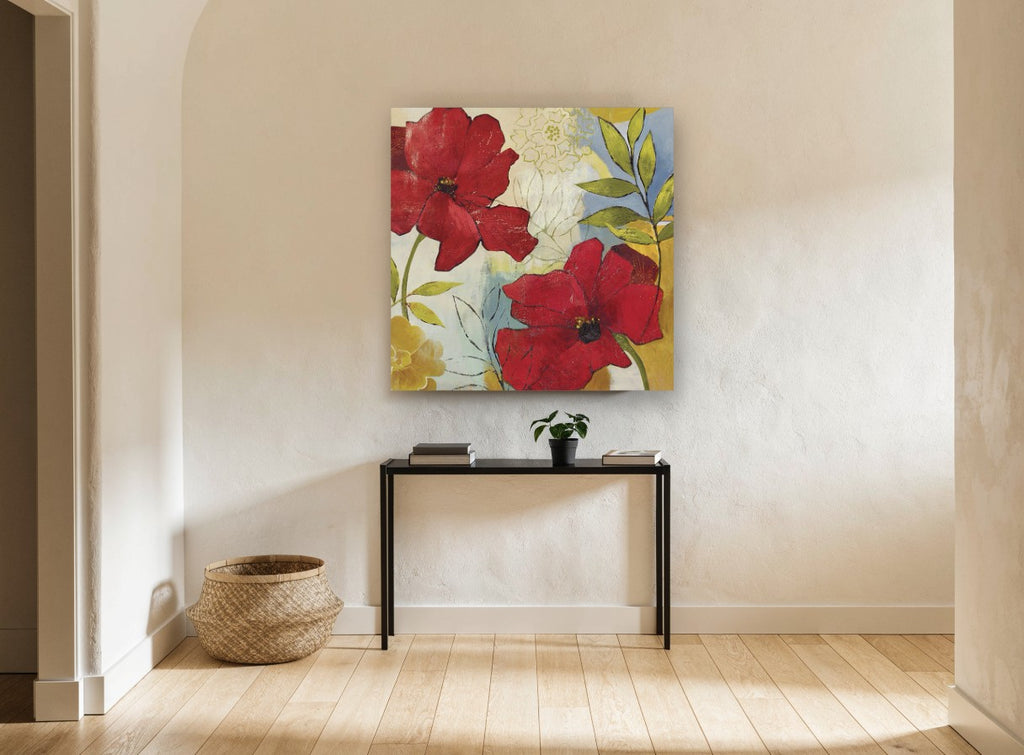 Scarlet Poppies on Blue floral canvas print on the wall of a hallway