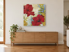 Scarlet Poppies on Blue floral canvas print on the wall of a living room above a sideboard