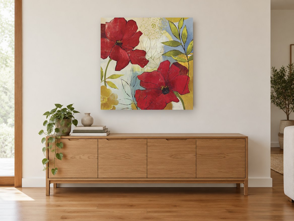 Scarlet Poppies on Blue floral canvas print on the wall of a living room above a sideboard