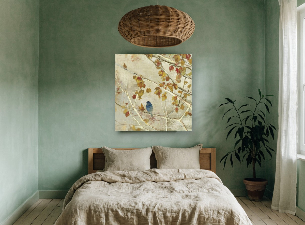 Blue Bird Autumn Branches floral canvas print on the wall of a bedroom