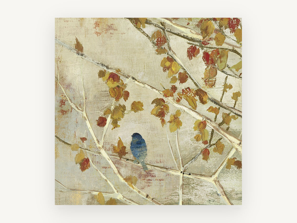Blue Bird Autumn Branches, floral canvas wall art print, front view