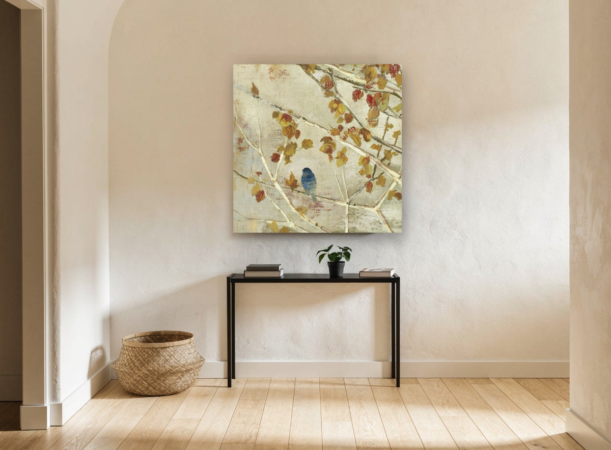 Blue Bird Autumn Branches floral canvas print on the wall of a hallway