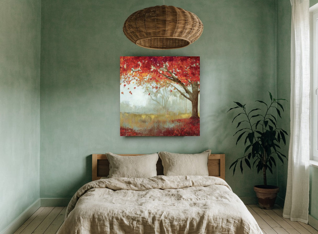 Crimson Maple Mist floral canvas print on the wall of a bedroom