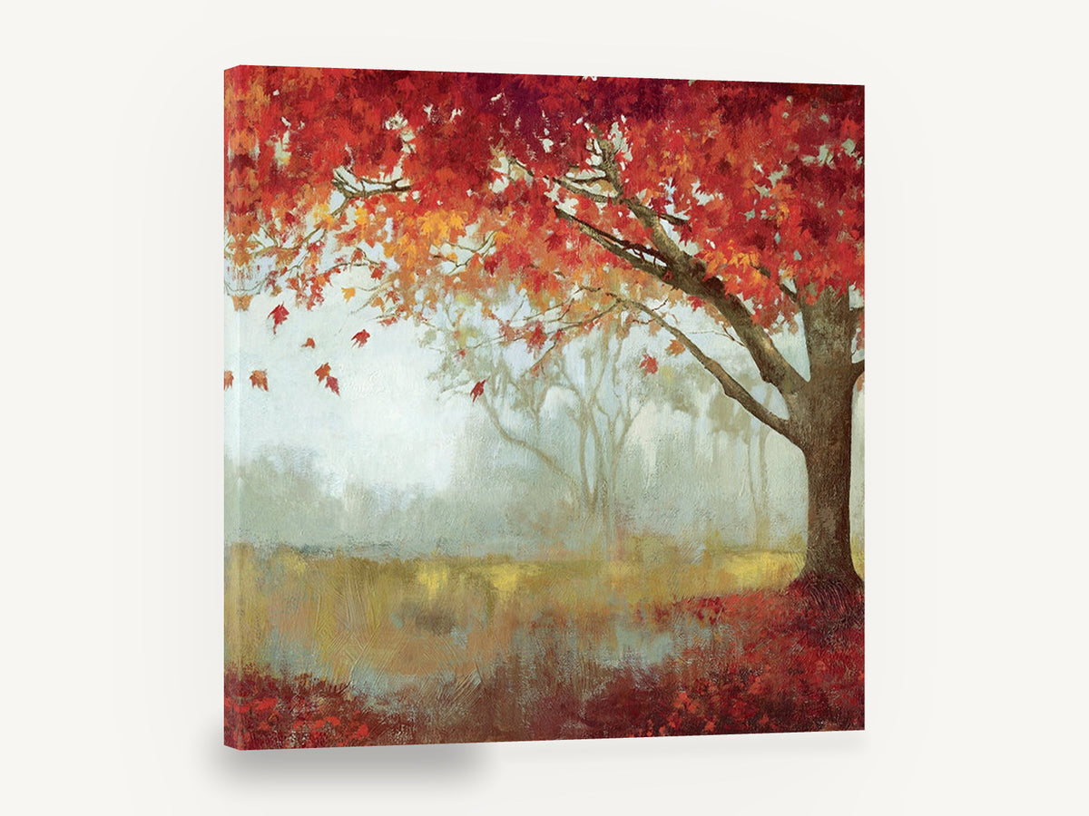 Crimson Maple Mist, red autumn maple tree landscape, floral canvas wall art print ready to hang