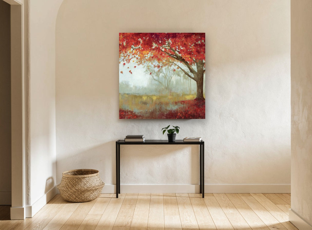 Crimson Maple Mist floral canvas print on the wall of a hallway