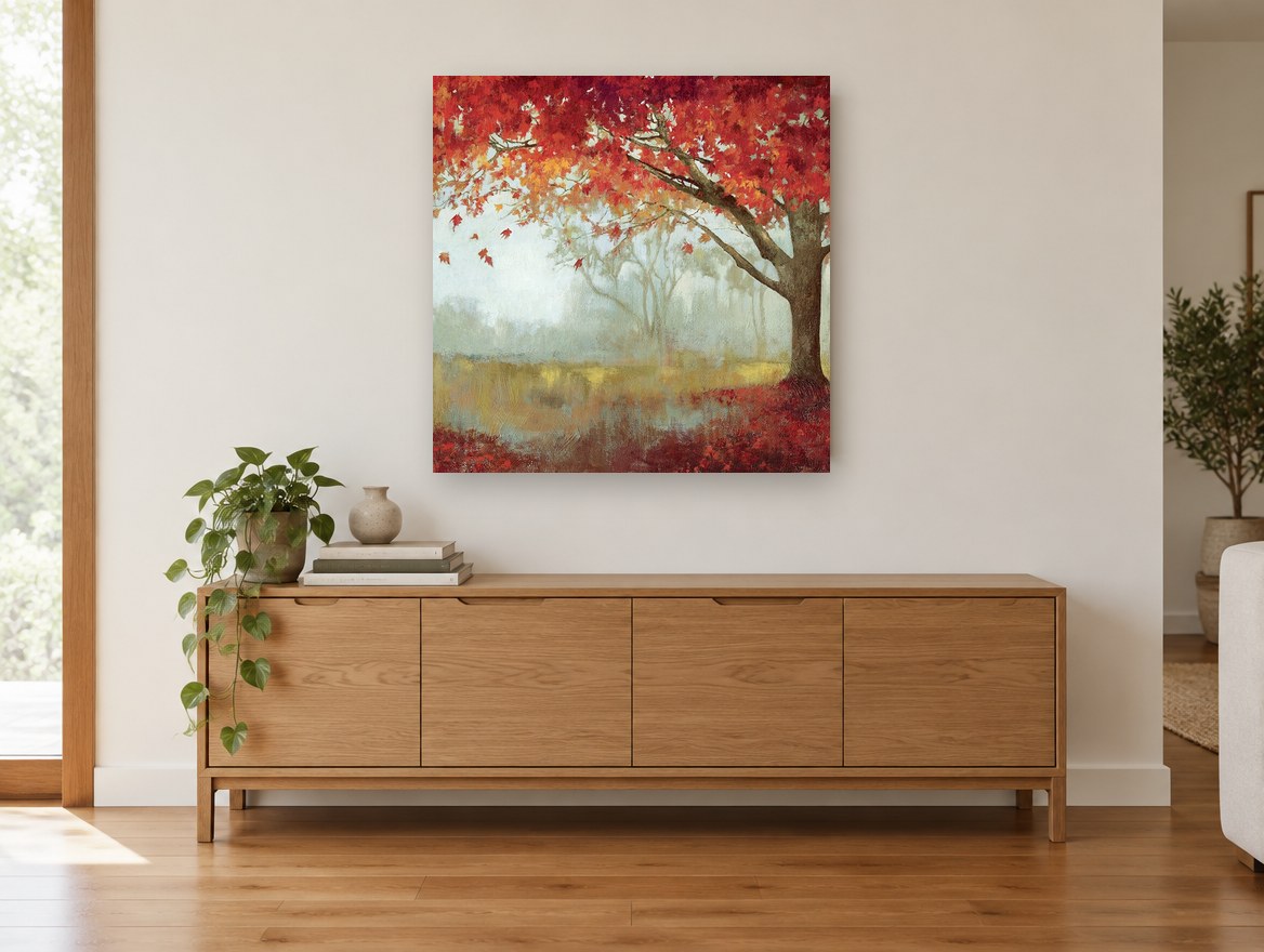 Crimson Maple Mist floral canvas print on the wall of a living room above a sideboard