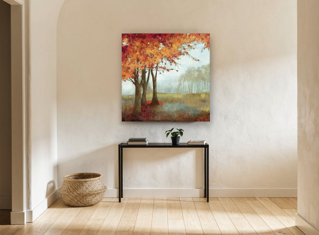 Autumn Maples in Mist floral canvas print on the wall of a hallway