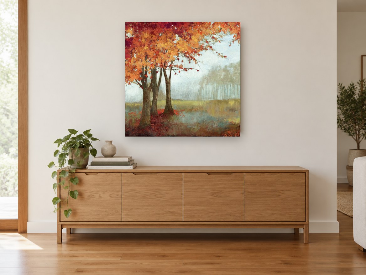 Autumn Maples in Mist floral canvas print on the wall of a living room above a sideboard