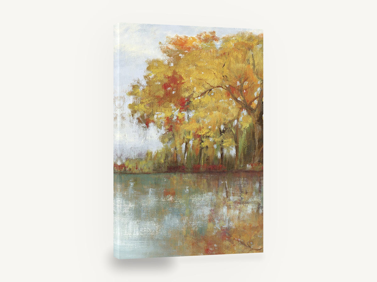 Golden Lakeside Maples, autumn trees lake reflection painting, floral canvas wall art print ready to hang