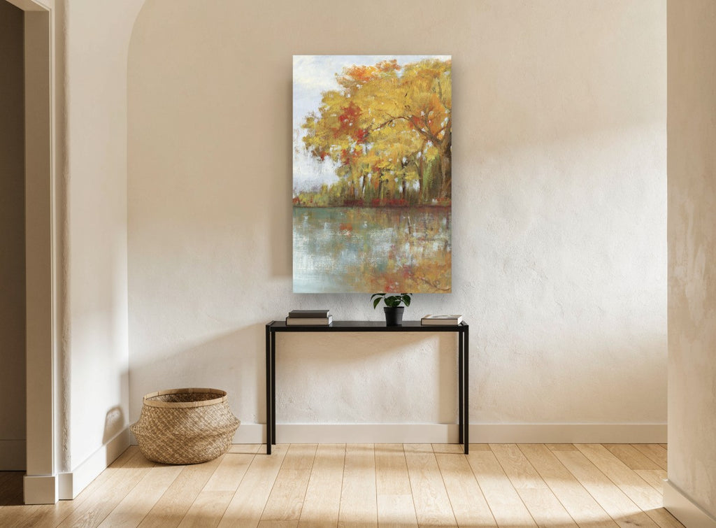 Golden Lakeside Maples floral canvas print on the wall of a hallway