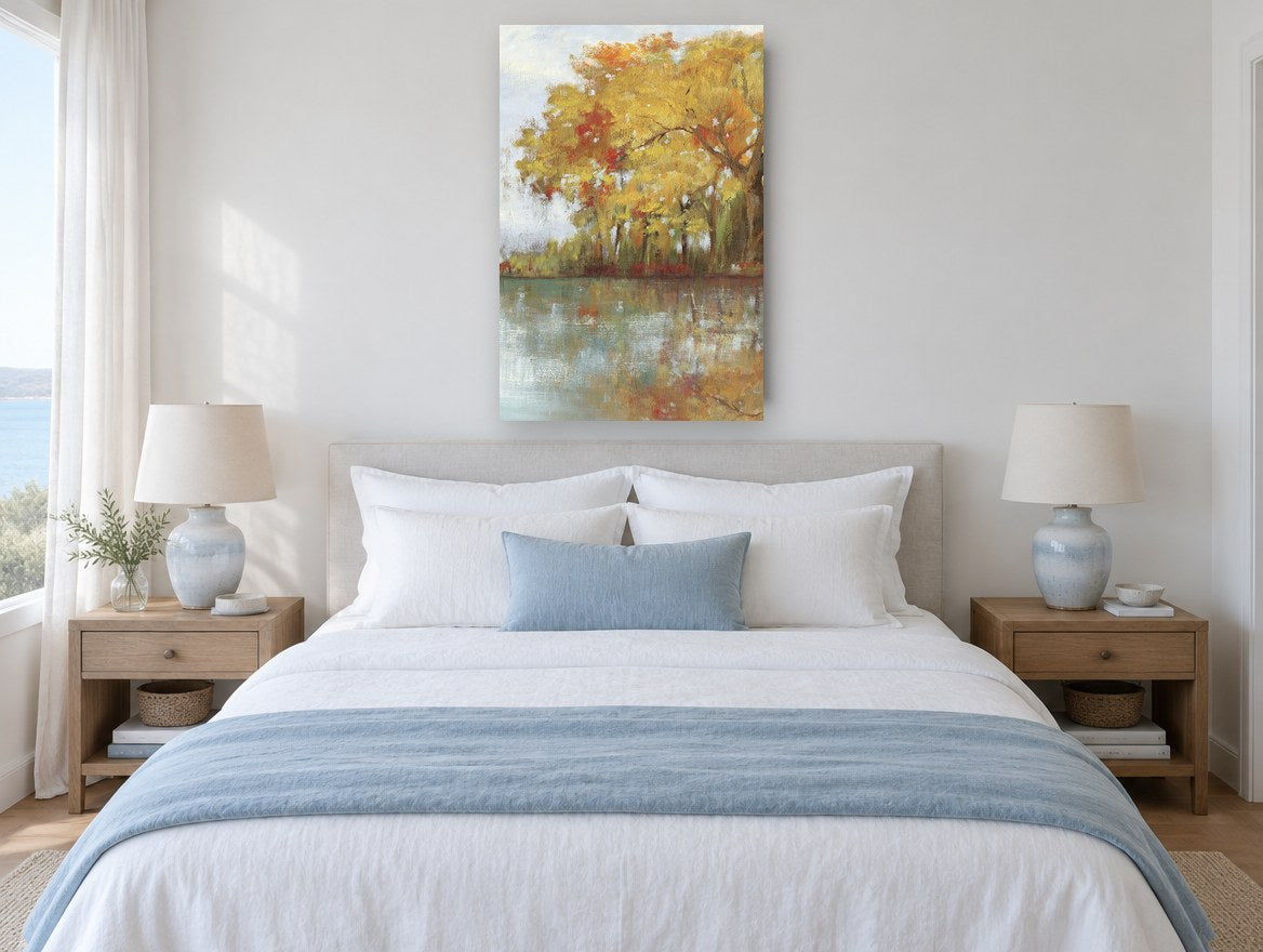 Golden Lakeside Maples floral canvas print on the wall of a coastal bedroom