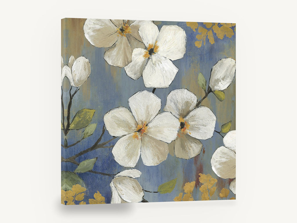 White Blossoms on Blue, white blossom branch blue floral painting, floral canvas wall art print ready to hang