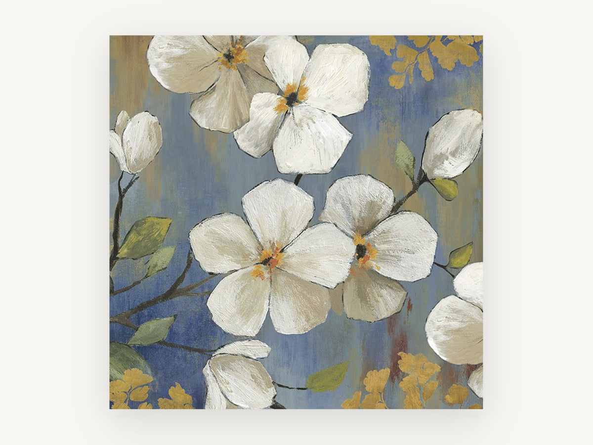 White Blossoms on Blue, floral canvas wall art print, front view
