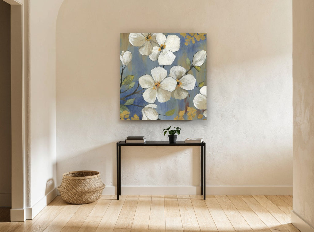 White Blossoms on Blue floral canvas print on the wall of a hallway