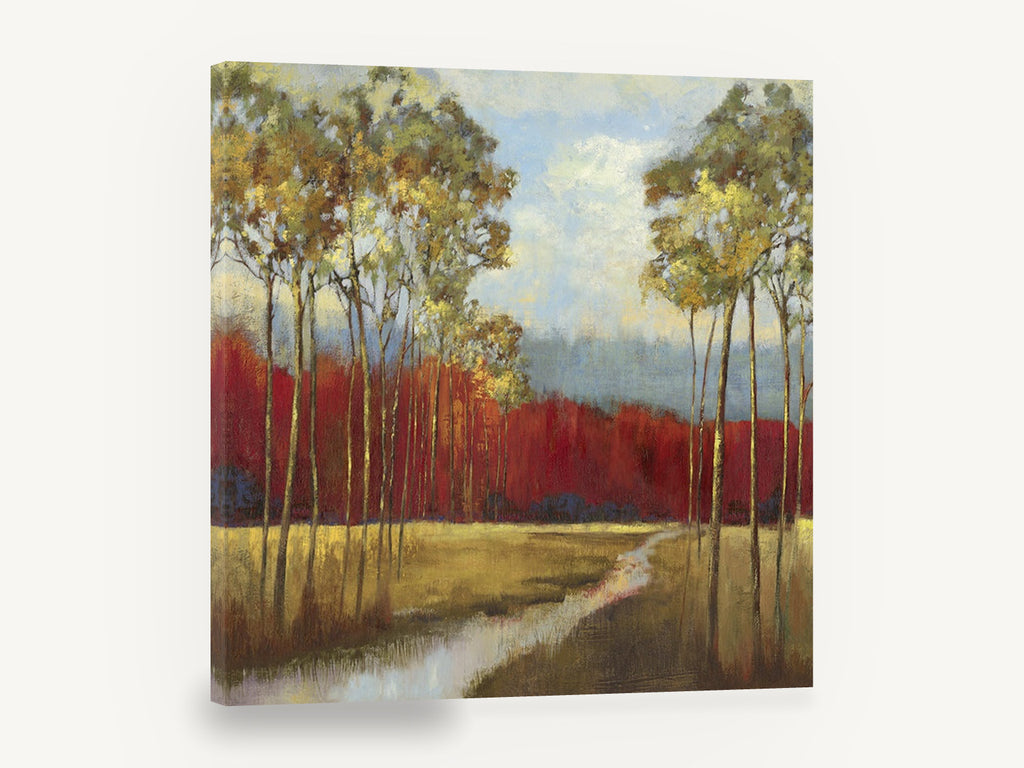 Crimson Treeline Creek, autumn trees creek landscape painting, landscape canvas wall art print ready to hang