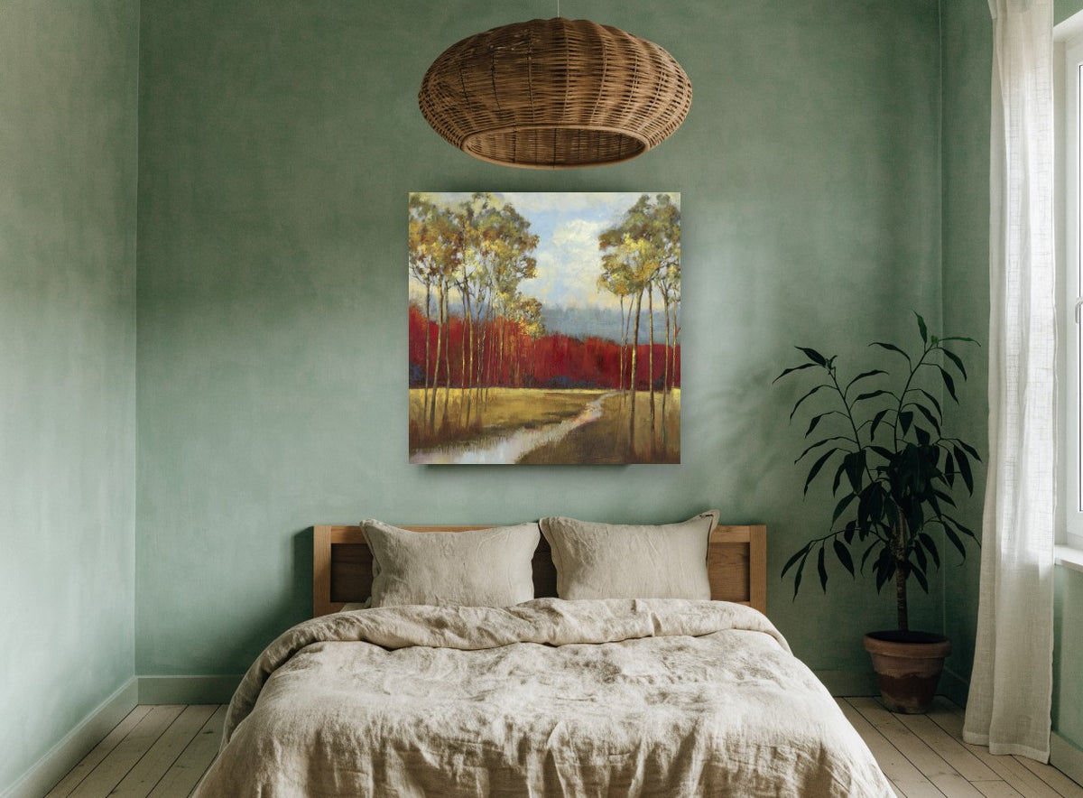 Crimson Grove Meadow floral canvas print on the wall of a bedroom