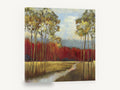 Crimson Grove Meadow, autumn trees red forest landscape, floral canvas wall art print ready to hang