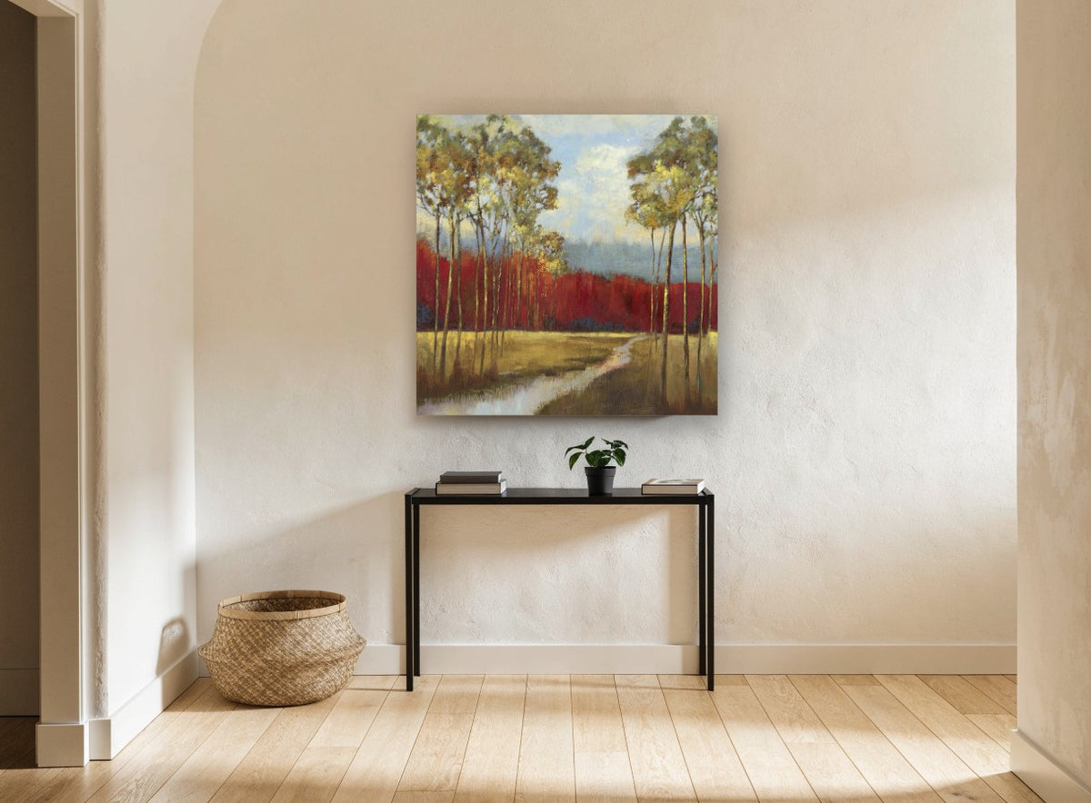 Crimson Grove Meadow floral canvas print on the wall of a hallway