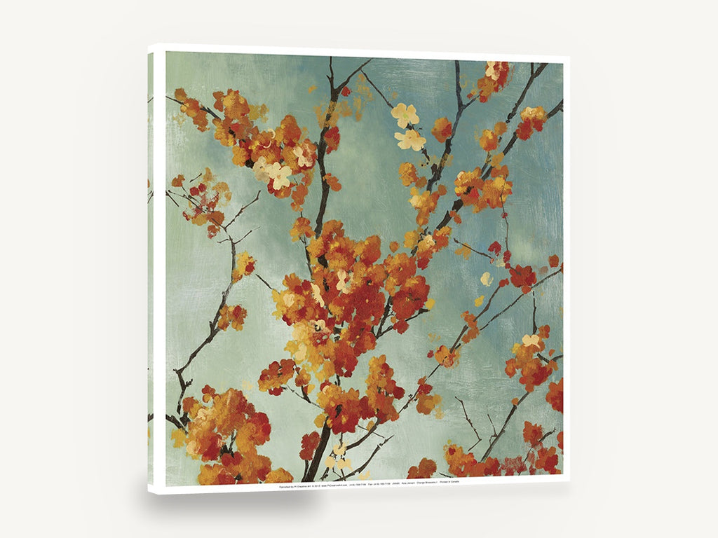 Autumn Blossom Branches, orange blossom branches teal painting, floral canvas wall art print ready to hang