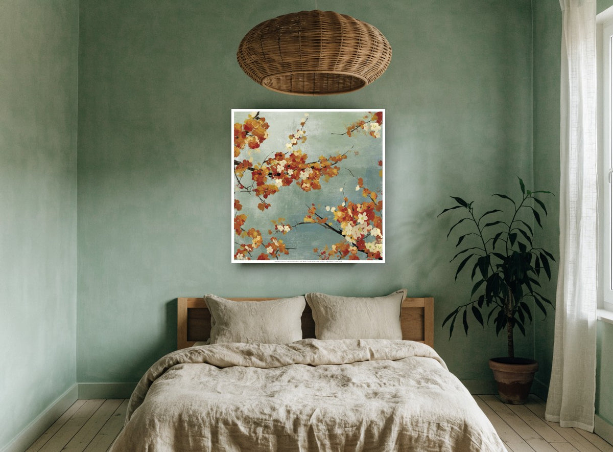 Autumn Blossom Sky floral canvas print on the wall of a bedroom