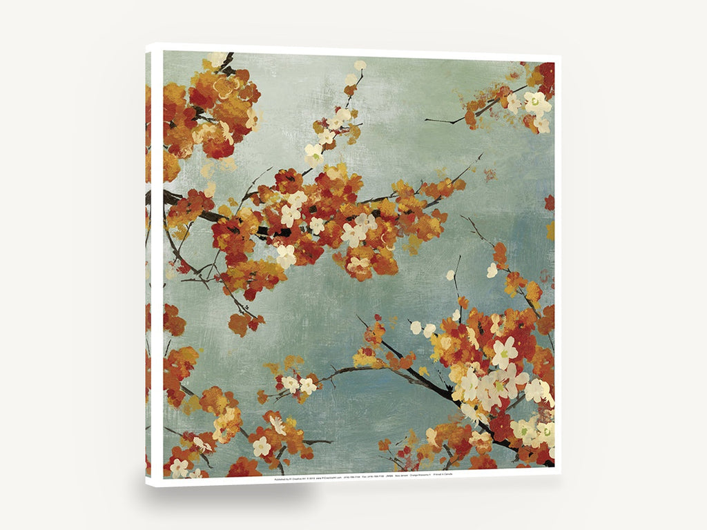 Autumn Blossom Sky, orange blossom branches teal sky, floral canvas wall art print ready to hang
