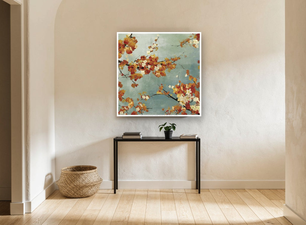 Autumn Blossom Sky floral canvas print on the wall of a hallway