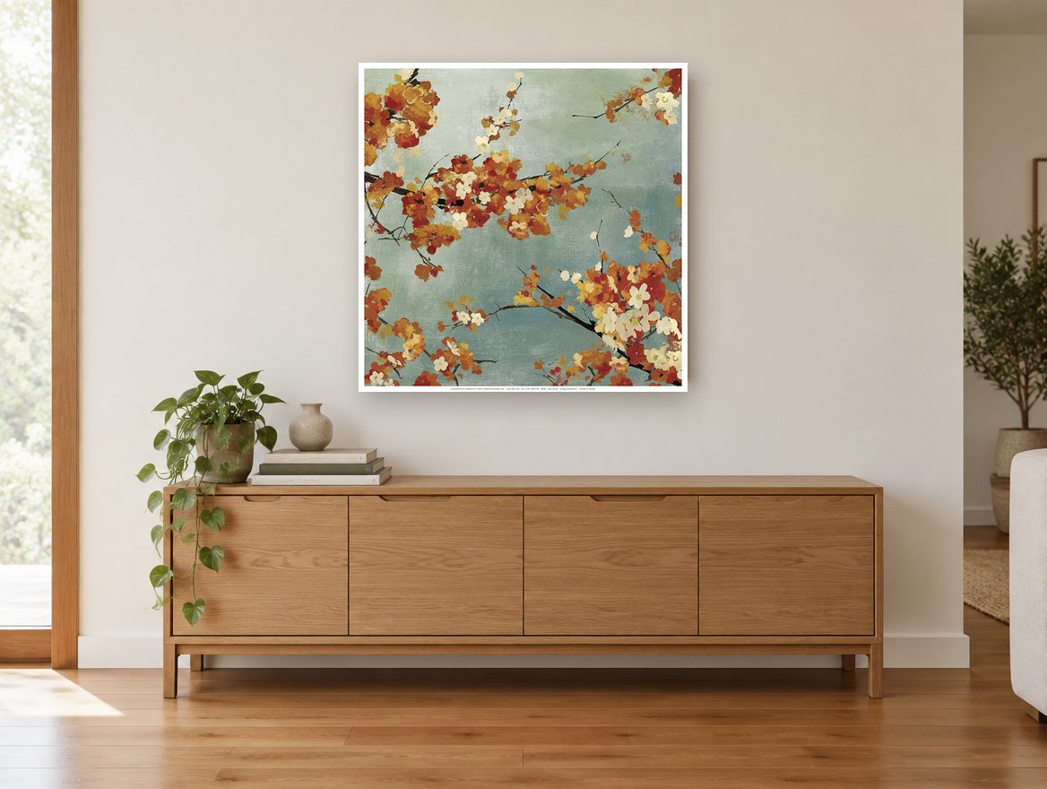 Autumn Blossom Sky floral canvas print on the wall of a living room above a sideboard