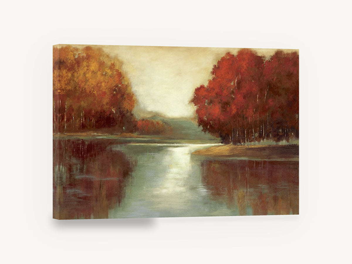Autumn Lake Reflections, autumn trees lake reflection landscape, floral canvas wall art print ready to hang