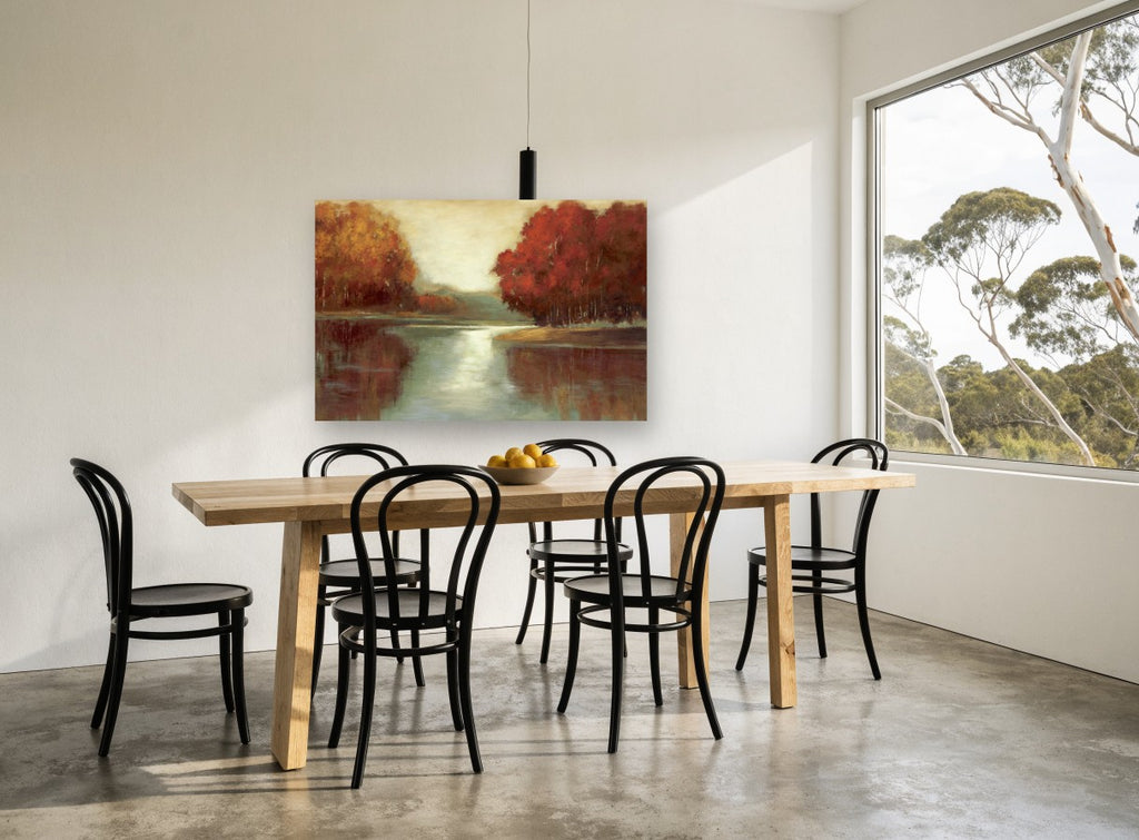 Autumn Lake Reflections floral canvas print on the wall of a dining room