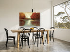 Autumn Lake Reflections floral canvas print on the wall of a dining room